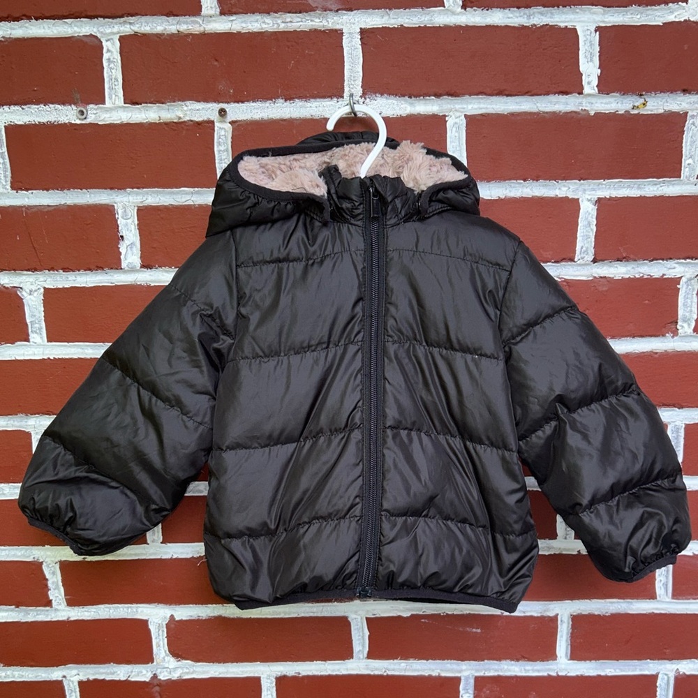 H&M | Black puffer jacket hooded and zippered fleece inside | size 18-24m